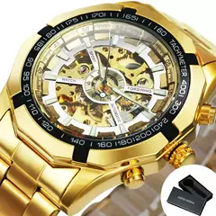 Vencedor-Relógio de ouro mecânico automático masculino esqueleto, vintage, ma