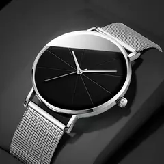 Relógio de quartzo minimalista masculino, aço inoxidável, cinto de malha, sim - Geral Store