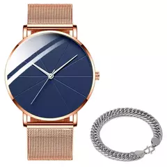 Relógio de quartzo minimalista masculino, aço inoxidável, cinto de malha, sim - Geral Store