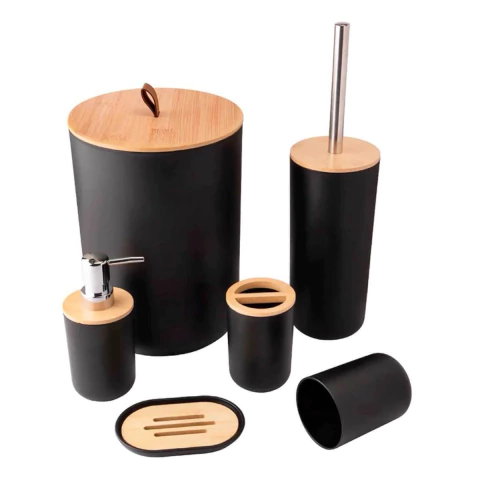 KIT BANHEIRO 6PCS COM TAMPA BAMBU PRETO FLASHGOOOS