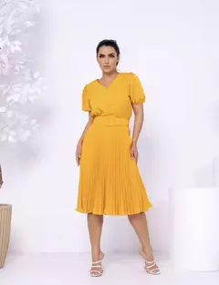 Vestido Plissada Lisa Midi Rodado Moda Evangélica Com Cinto - Smartshopstores Boutique