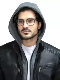 Imagem do Jaqueta Masculina de Couro Com Capuz de Moletom Embutido