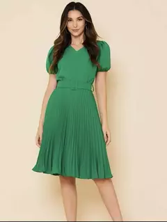 Vestido Plissada Lisa Midi Rodado Moda Evangélica Com Cinto