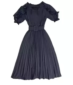 Vestido Plissada Lisa Midi Rodado Moda Evangélica Com Cinto