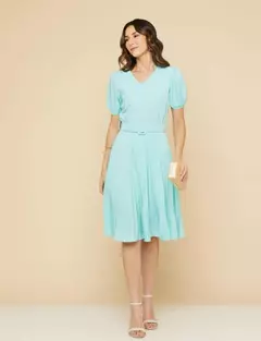 Vestido Plissada Lisa Midi Rodado Moda Evangélica Com Cinto - comprar online