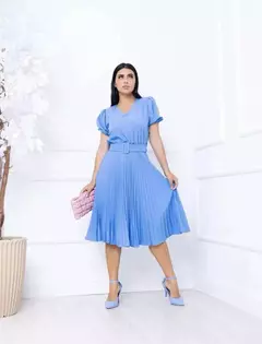 Imagem do Vestido Plissada Lisa Midi Rodado Moda Evangélica Com Cinto