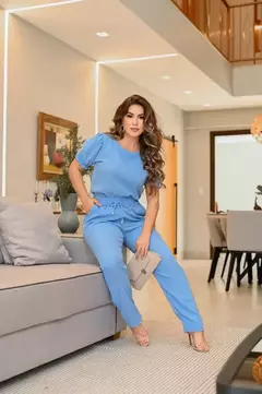 Conjunto feminino blusa de manga bufante e calça alfaiataria - loja online