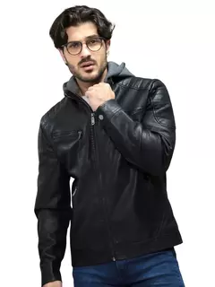 Jaqueta Masculina de Couro Com Capuz de Moletom Embutido - comprar online
