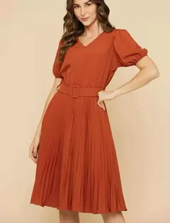 Vestido Plissada Lisa Midi Rodado Moda Evangélica Com Cinto - loja online