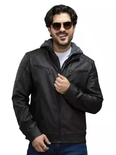Jaqueta Masculina de Couro Com Capuz de Moletom Embutido - loja online
