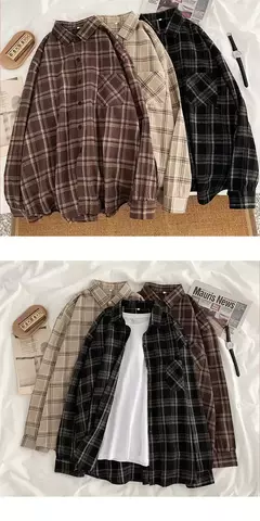 Camisa xadrez oversize para as mulheres, blusa de manga longa, moda coreana - comprar online