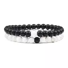 Conjunto de pulseira de pedra de lava natural preto e branco para casais, olho de tigre frisado