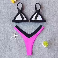 Conjunto de biquíni feminino push-up sólido, maiô patchwork, maiô brasileiro na internet