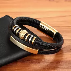 Imagem do XQNI-Pulseira de couro multicamadas para homens, metal de aço inoxidável, aces