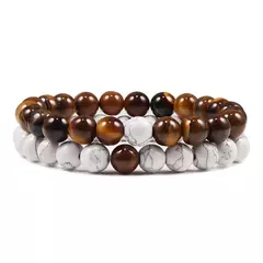 Conjunto de pulseira de pedra de lava natural preto e branco para casais, olho de tigre frisado