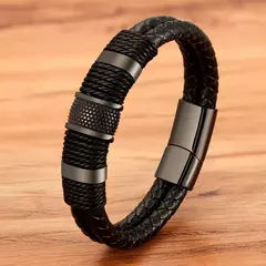 Xqni tecido corda de couro wrap estilo especial clássico de aço inoxidável pulseira de couro dos homens double-layer design diy personalização - loja online