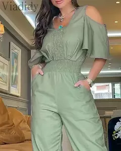 Feminino casual cor sólida franzido cintura alta macacão - Smartshopstores Boutique