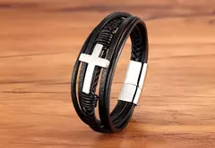 Pulseira masculina de aço inoxidável, pulseira de couro, multicolor, design transversal - comprar online