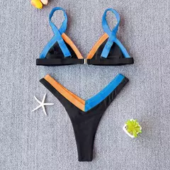 Conjunto de biquíni feminino push-up sólido, maiô patchwork, maiô brasileiro