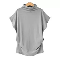 Camisa de gola alta de algodão manga curta, casual, Plus Size - Smartshopstores Boutique