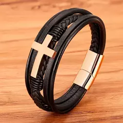 Imagem do Xqni-pulseira masculina de aço inoxidável, pulseira de couro, multicolor, com
