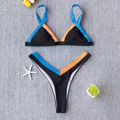 Conjunto de biquíni feminino push-up sólido, maiô patchwork, maiô brasileiro - loja online