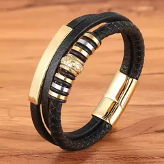 XQNI-Pulseira de couro multicamadas para homens, metal de aço inoxidável, aces na internet
