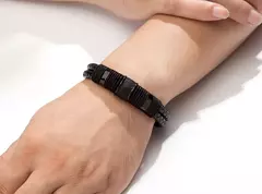 Imagem do Xqni tecido corda de couro wrap estilo especial clássico de aço inoxidável pulseira de couro dos homens double-layer design diy personalização
