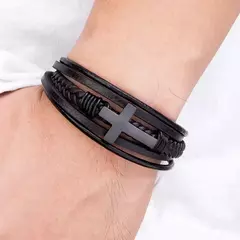 Imagem do Pulseira masculina de aço inoxidável, pulseira de couro, multicolor, design transversal