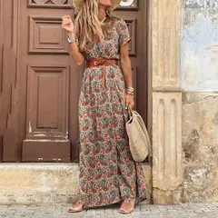 Vestido longo com cinto, estilo boho, gola v, manga curta