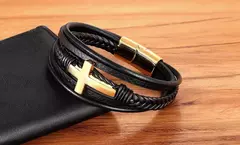 Xqni-pulseira masculina de aço inoxidável, pulseira de couro, multicolor, com