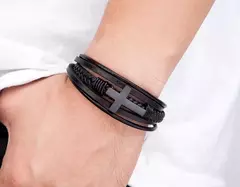 Pulseira masculina de aço inoxidável, pulseira de couro, multicolor, design transversal - Smartshopstores Boutique