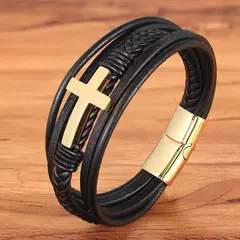 Xqni-pulseira masculina de aço inoxidável, pulseira de couro, multicolor, com