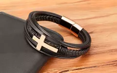 Imagem do Xqni-pulseira masculina de aço inoxidável, pulseira de couro, multicolor, com