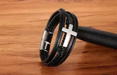 Imagem do Pulseira masculina de aço inoxidável, pulseira de couro, multicolor, design transversal