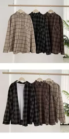 Camisa xadrez oversize para as mulheres, blusa de manga longa, moda coreana na internet