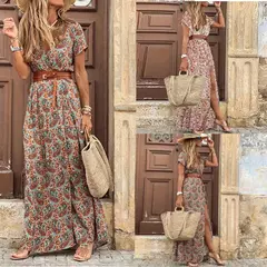Venda quente!!! Vestido longo com cinto para mulheres, estilo boho, gola v, mang - loja online