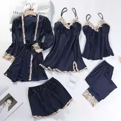Imagem do Pijamas Camisola, Kimono Roupão Vestido, Cetim Lady Nighty Renda Patchwork