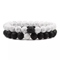 Conjunto de pulseira de pedra de lava natural preto e branco para casais, olho de tigre frisado na internet