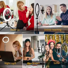Imagem do Ring Light LED regulável para selfies com tripé, luz quente e fria