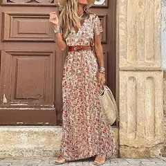 Vestido longo com cinto, estilo boho, gola v, manga curta - Smartshopstores Boutique