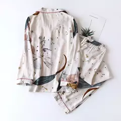 Primavera/verão novo 100% viscose pijama de calça e blusa manga comprida - loja online