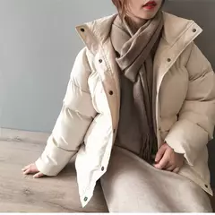 Jaqueta Feminina com gola alta, casaco curto, cor solida, moda inverno