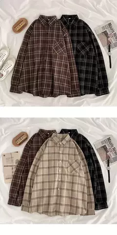 Camisa xadrez oversize para as mulheres, blusa de manga longa, moda coreana