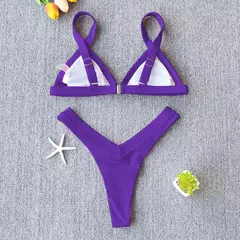 Conjunto de biquíni feminino push-up sólido, maiô patchwork, maiô brasileiro