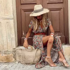 Venda quente!!! Vestido longo com cinto para mulheres, estilo boho, gola v, mang