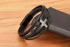 Xqni-pulseira masculina de aço inoxidável, pulseira de couro, multicolor, com