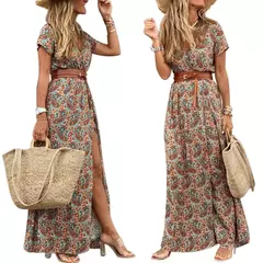 Imagem do Vestido longo com cinto, estilo boho, gola v, manga curta