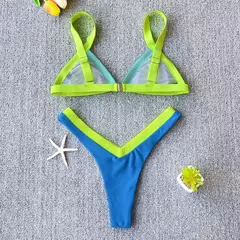 Conjunto de biquíni feminino push-up sólido, maiô patchwork, maiô brasileiro - loja online