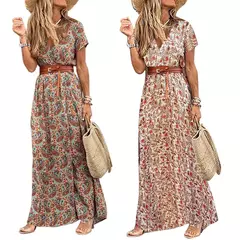 Venda quente!!! Vestido longo com cinto para mulheres, estilo boho, gola v, mang - comprar online